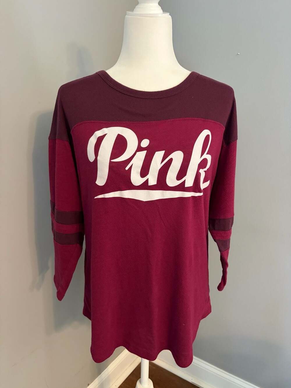 Victoria's Secret PINK Maroon Burgundy 3/4 Sleeve Baseball Tee Shirt Large